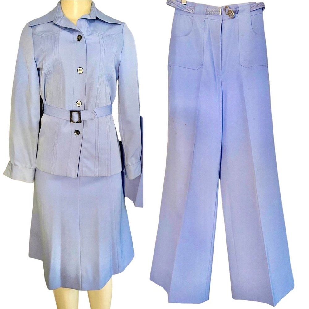 Vintage 1970s Women Safari set of 3 pieces by Panther Flared Pants Skirt Belt.